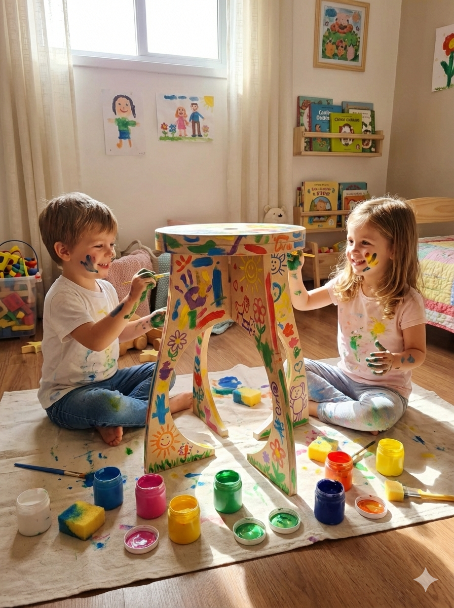 Crianças pintando o banquinho